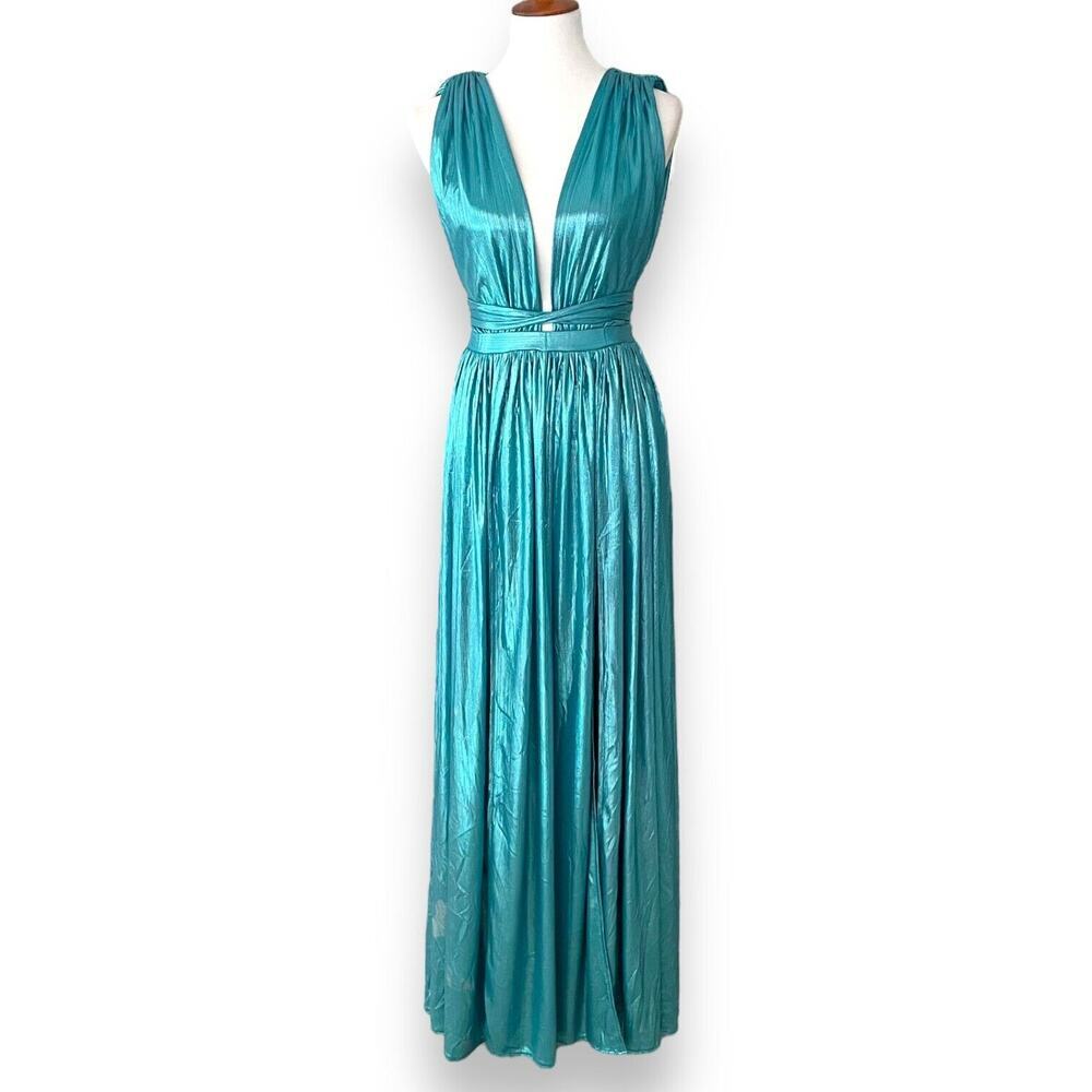 Bronx & Banco Pacific Blue Deep V-Neck Romi Metallic Goddess Gown US 8 | Large